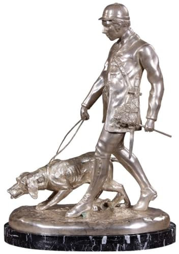 Casa Padrino Luxus Bronzefigur Jäger mit Hund Silber/Schwarz 45 x 28 x H. 61 cm - Bronze Skulptur mit Marmorsockel - Schreibtisch Deko - Wohnzimmer Deko - Luxus Qualität