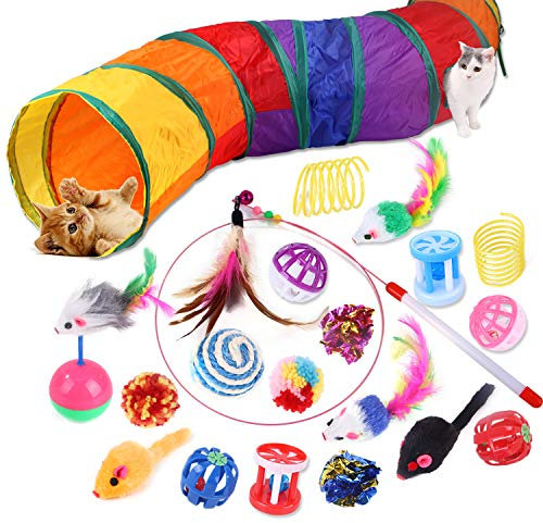 Wefine 20 Pcs Cat Toys, Kitten Toys for Indoor Cats, Cat Tunnel Interactive Feather Teaser Wand Ball Toy Set for Kitty and Cats