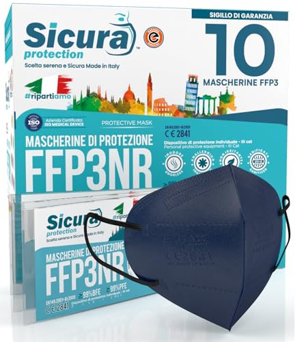10x Masque FFP3 Bleu élastiques noirs certifié CE fabriqué en Italie Haute Filtration Plus élevée BFE ≥99% PFE≥99% Masques 10 pièces Scellés Individuellement UV-C Désinfectez