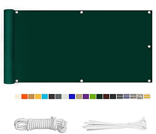 Balkon Sichtschutz, Balkonabdeckung 220 g/m² Innen Balkonverkleidung UV-Schutz (210Größen&21Farben) Ohne Bohren mit Ösen Kabelbinder und Kordel für Balkongeländer Terrasse,90X800CM Dunkelgrün