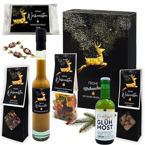 Geschenkset „Goldhirsch“ – 3er Präsent mit Lebkuchen-Sahne-Likör, Glühmost, Mandeln, Fruchtgummis, Tee & Waffeln – Genusswelten Kasberger Weihnachtspräsent (3er mit Likör)