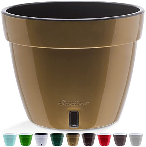 Santino ASTI 34CM Selbstwässernder Blumentopf mit Wasserstandsanzeiger für Anlagen, Blumen, Kräuter (Ø 34 cm, H 28 cm, 18L - Gold/Black)