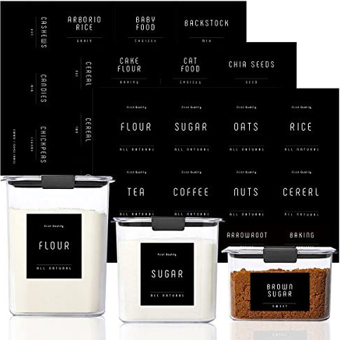 134 Kitchen Pantry Labels for Containers, v2croft Minimalist Style Preprinted Vinyl Food Name Stickers, Organization Labels for Jars Canisters & Storage Bins (Black)
