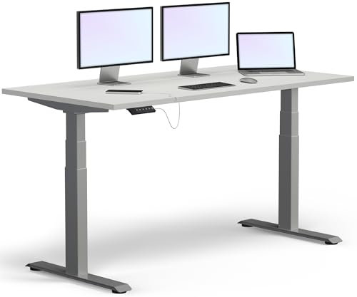 KRIEG HighDesk PRO Höhenverstellbarer Schreibtisch 200 x 80 cm I Silber + Weiß - Elektrischer Sitz- & Stehtisch mit Tischplatte - Stehschreibtisch Elektrisch Höhenverstellbar