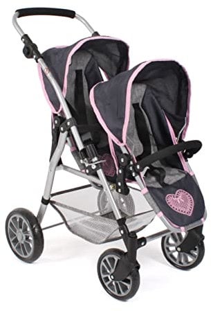 Bayer Chic 2000 - Puppenwagen Twinny, Zwillingspuppenwagen für Zwei Puppen, Zwillingsbuggy für Kinder von 4 bis 8 Jahren, Melange grau-Navy