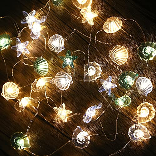 Lichterkette Muscheln - LED Lichterkette Innen, 30er Batteriebetriebene USB Beleuchtung Außen mit Fernbedienung für Badezimmer Balkon Hochzeitsfeier Geburtstag Weihnachten Tischdeko Maritime Deko