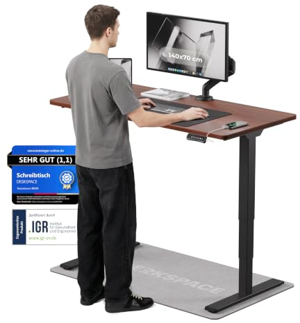 DESKSPACE PRO Plus Elektrisch höhenverstellbarer Schreibtisch (140x70 cm) | Bürotisch mit Kollisionsschutz, Memory-Funktion, USB-Anschluss, 10 Jahre Garantie (Gestell schwarz, Tischplatte Mahagoni)