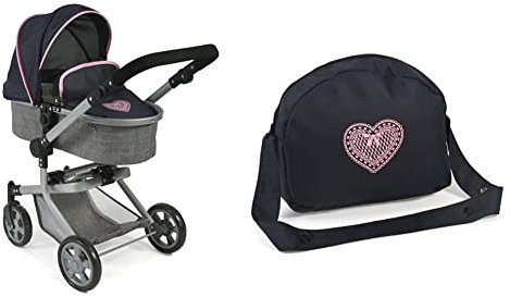Bayer Chic 2000 - 59526 - Puppenwagen Mika, 2in1 Kombipuppenwagen für Kinder von 4 bis 8 Jahren, Melange grau-Navy & Wickeltasche für Puppen, Puppenwickeltasche, Puppenzubehör, Melange grau, Navy