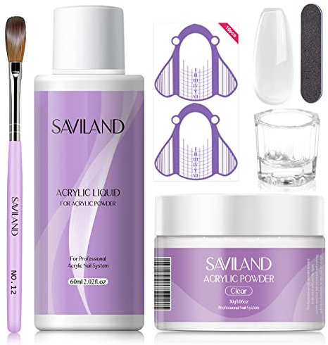 Saviland Acrylic Nail Kit: 30g Clear Acrylic Powder and 60ml Liquid Set with Acrylic Brush Nail Forms Nails Files Dappen Dish for Acrylic Nail Extension Nails Starter Kit for Beginners Home DIY