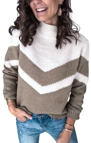 HEYPORK Damen Herbst Winter Warm Bequem Pullover Casual Mode Strickjacke Strickpullover Frauen Herbst/Winter Pullover Patchwork Strickpullover Pullover(Khaki, M)