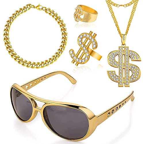 LGZIN Hip Hop Kostüm Set, 5 Stück Dollar Kette Set, 80er Outfit Herren Kostüm, Hip Hop Dollar Halskette Ring Armband Brille, 80er/90er Rapper Zubehör für Fasching & Karneval Cosplay Kostüm