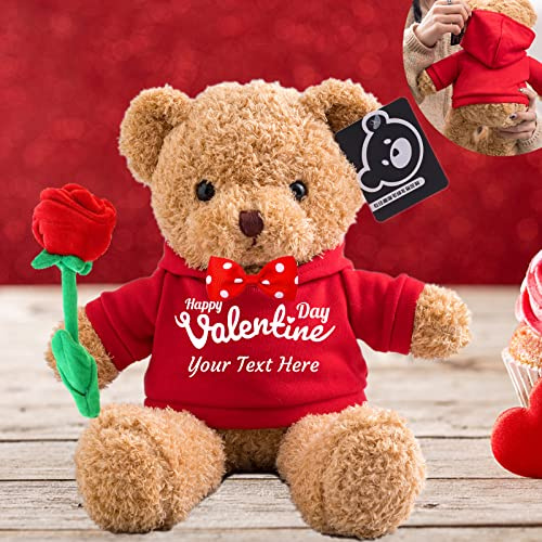 Teddy Bear Stuffed with Rose and Bow as Personalised Valentine Gifts for Her/ Him, Customised Teddy Bear with Name or Text for Men/ Women on Valentines Day/ Birthday/ Anniversary (12 IN-Hoodie Red)