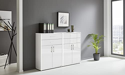 BMG Möbel Aktenschrank Office Edition Set 17, Büroschrank mit Metallgriffen Made in Germany (Weiß/Weiß Hochglanz)