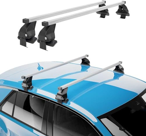 Menabo Dachträger Grundtäger kompatibel mit Ford Ka+ 2016-2020 Stahl 50kg Silber 2tlg Ohne Reling für Fahrradträger, Dachboxen, Skiträger Abschließbar