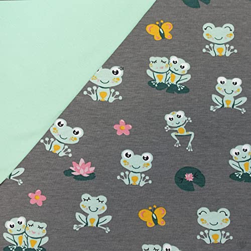 Stoffpaket 0,5 x 1,5 m Motiv-Jersey und 0,5 x 0,7 m Bündchen uni Nähpaket f. Kinderkleidung, Motiv:Frosch grau | mint