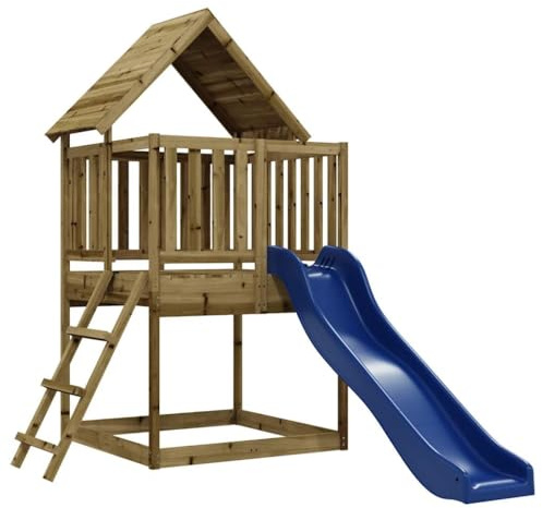 vidaXL Outdoor Playset - Wooden Frame Playground with Wave Slide, Sandpit, and Ladder - Kid's Garden Climbing Frame - Brown Pine Wood