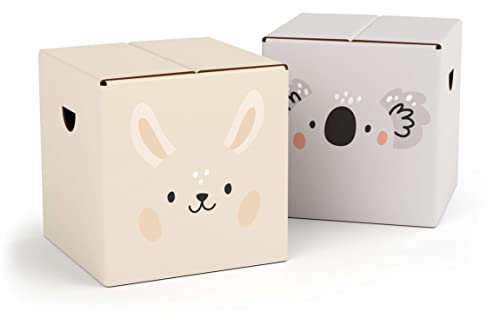 FOLDZILLA Kinderhocker Pappe 2er Set 29 x 29 x 29 cm – Papphocker Sitzhocker Falthocker Sitzwürfel Hocker Kinderzimmer – Niedlicher Hase & Koala