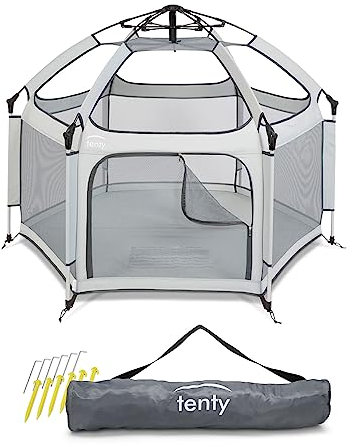 tenty Baby Pop-Up Laufgitter für drinnen und draußen - 150 x 100 cm - mobiler Laufstall mit Tragetasche und Heringen - für zuhause, Reisen, Camping (Grau)