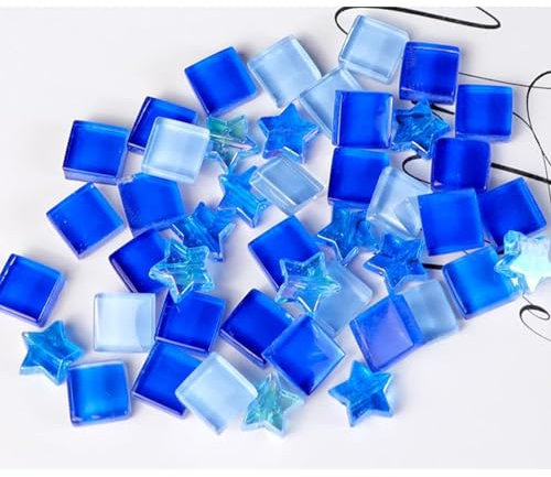 200g Bunte Kristall-Mosaik-Glasfliesen zum Basteln, Quadratisch und Stern kleine Mosaikglasstücke für Badezimmer, Küche, Heimdekoration(blau)