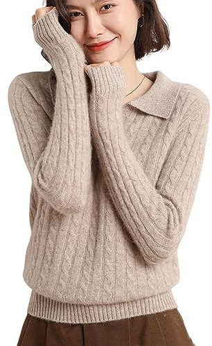 DISSA Pull Cachemire Femme Revers Chameau Torsade Tricoté en Vrac Manches Longues épais Pull en Cachemire et Laine,44,DF8025