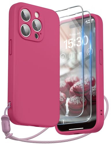 SURPHY kompatibel mit iPhone 15 Pro Hülle Silikon mit Band & Displayschutzfolie 6,1 2023, Handyhülle iPhone 15 Pro Case mit Kameraschutz, iPhone 15 Pro Schutzhülle, Hibiskus