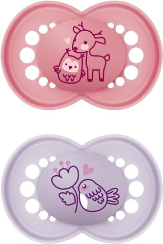 MAM Original Pure® Schnuller im 2er-Set, 16+ Monate, aus nachhaltigen, biorelierbaren Materialien, SkinSoft Silikon mit MAM Schnullerhülle, rosa/lila (Motive können variieren)