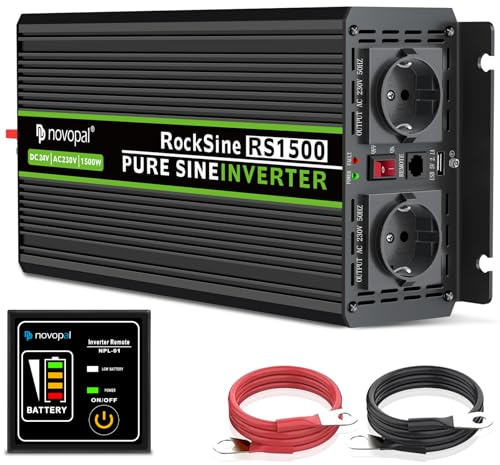 NOVOPAL 1500W 3000W Convertisseur Pur Sinus DC 24V AC 220V Onduleur | 2 EU Prises,1 port USB,5m télécommande,pour Voiture,Caravane,Bateau,Camping,Voyage,Puissance de Pointe 3000W