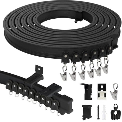 EFUTURETIME Flexible Vorhangschiene 10M, Gardinenschiene Wandmontage und Deckenmontage aus ABS, Vorhangschiene 1 Läufig für Gardinenaufhängung, Raumteiler, Wohnmobil, Balkone, Büros, Hotels, Schwarz