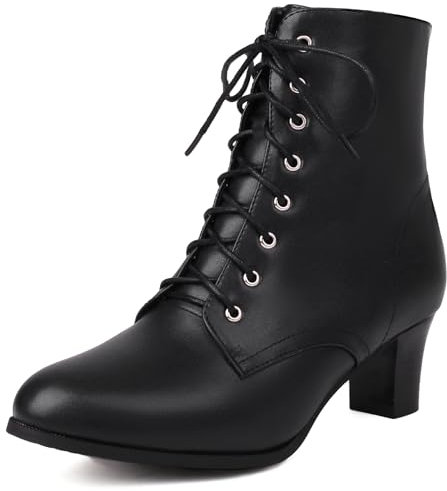 COOLCEPT Donna Vintage Victorian Stivali Stringata Tacco a Blocco Stivali alla Caviglia 70s Steampunk Stivaletti Zip Black Taglia 35