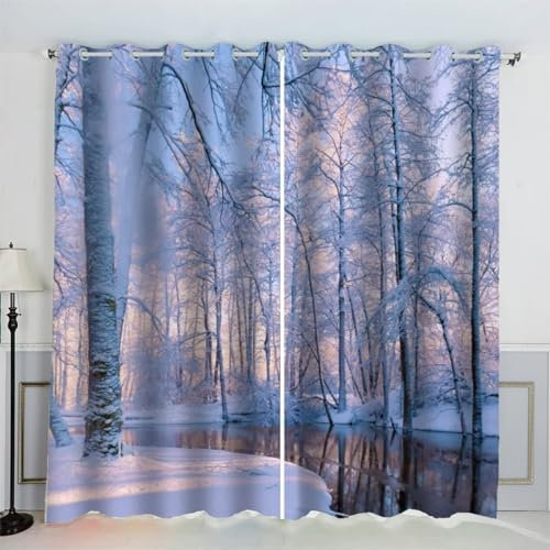 MEVASA Vorhänge Blickdicht Wald 3D Verdunklungsvorhänge 2er Set mit Ösen Gardinen Winterschnee Vorhang Microfaser Schlafzimmer Kinderzimmer 140 x 160 BxH