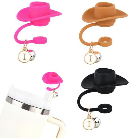 3PCS Cowboy Hat Disco Ball Straw Cover with Letter Charm Personalized Initial Straw Toppers Fits for Stanley Cup 30&40 Oz Disco Cowgirl Party Western Stanley Cup Accessories Gift -I