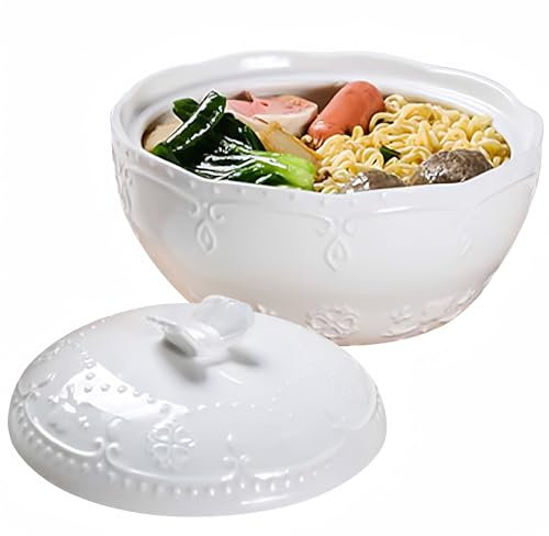 Dowbom Soup Bowl With Lid, Shallow Bowl, Udon Noodle Bowl, Ramen Bowl Ceramic, Pho Bowls Large (White,24oz)