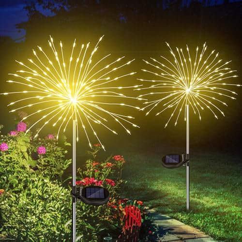 ELEUTH Luces Solares Led Exterior Jardin,2 Piezas 300 LED Luces Solares Fuegos Artificiales,8 Modos Luces Solares Exterior Jardin con IP65 Impermeable Luces Solares Jardin para Camino,Patio,Fiestas