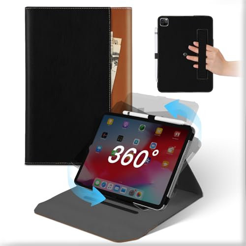 Funda para iPad Pro 12,9 Pulgadas 6ª/5ª/4ª Generación (2022/2021/2020), Carcasa Cuero 360°Soporte Giratorio y Desmontable con Portalápices & Bolsillo,Tablet Case Tapa Auto Sueño/Estela Marrón