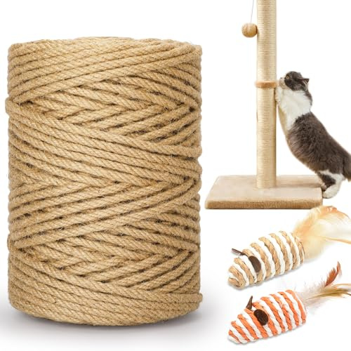 HezzLuv 262FT 1/4 Inch Cat Scratching Sisal Rope for Cat Trees & Posts | Thick Natural Sisal Rope with 2 Cat Mouse Toys for Scratch Posts, Cat Towers & DIY Projects