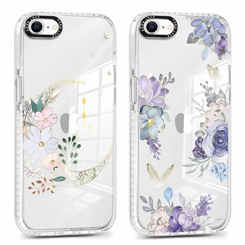 Foonary 2 Pack Clear Print Phone Case for iPhone 8/SE 2022/7/SE 2020 4.7,Slim Soft Silicone with Moon Flower Design Aesthetics Transparent Pattern Cases,Shockproof Bumper Protector Cover for iPhone7