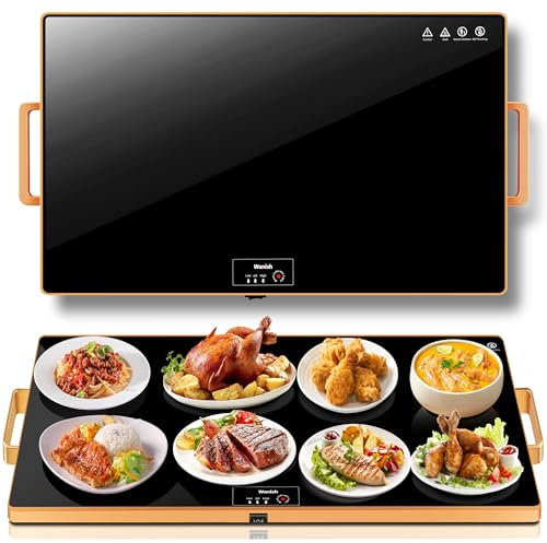 Electric Warming Tray (XXL 32”x18”),Food Warmers for Parties Buffet with Thermostat & Full Surface Heating, Tempered Glass Warming Mat for Food, Temperature Adjustable Gold Handles Food Warming Mat
