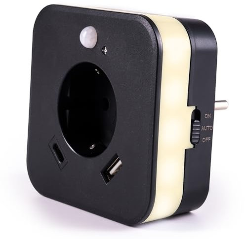 LED-Nachtlicht mit Bewegungsmelder und Steckdose, 2x USB 2.4A, weiß, automatischer Lichtsensor, GS (geprüfte Sicherheit) (1 Stück [mit USB-C | ANTHRAZIT])