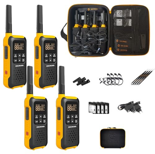 DC DECROSS 93 Walkie Talkie, Walki Talki Professionelles Funkgerät bis zu 10 km, PMR446 16 Kanäle, VOX, Taschenlampe, IP67, Wetterfest, Freisprech, Ohrhörern, Wanderungen, Camping, Akku (4 STK.)