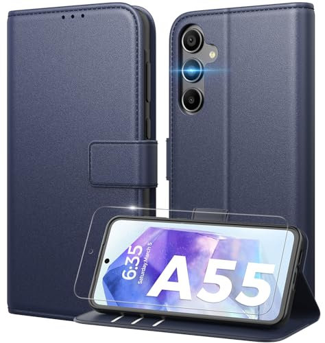 Peakally Handyhülle für Samsung Galaxy A55 5G Hülle [Mit 1 Stück Panzer Schutz Glas] [Premium PU Leder] [RFID-Blockierung] [Kartenfach] [Ständer] Klapphülle kompatibel mit Galaxy A55 - Dunkelblau