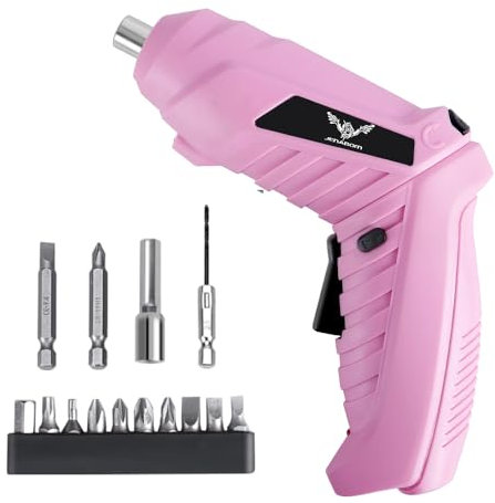 JENABOM Electric Screwdriver Cordless, Electric Screwdriver Kit with 14 Accessories, 3.6V/1300mAh Rechargeable Power Drill Driver, with USB Cable LED Light,Pink