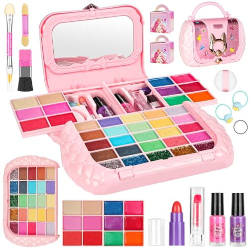 Aomig Maquillage Enfant Jouet Filles, 29Pcs Kit de Malette Coffret Maquillage Enfant, Lavable Maquillage Jouet, Sûr Non Toxique Makeup Cadeau de Noël Anniversaire Jouet pour Filles 3 4 5 6 7 8+ Ans