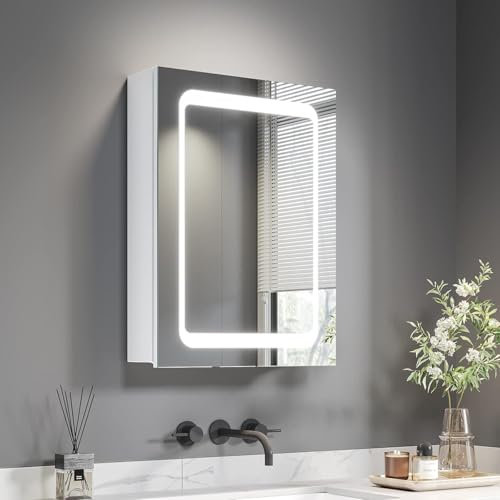 Dripex Spiegelschrank Bad mit Beleuchtung, Sensor-Schalter, Glasablage und Steckdose, Badezimmerschrank mit Spiegel, Rechtstürige Spiegelschrank, Beschlagfrei 45 x 60 cm Weiß Verbesserte Version