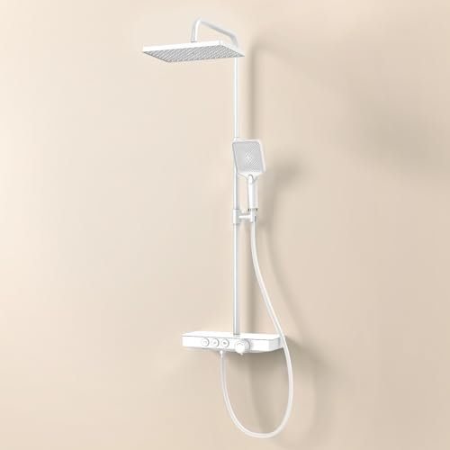 EMKE Colonne de douche thermostatique, 1127 x 460 x 360 mm, douche de pluie, douche à main 3 fonctions, hauteur réglable 797-1127 mm, blanc mat, corps en cuivre et panneau de verre, design moderne