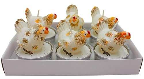 Dekohelden24 Teelicht Huhn, Osterteelicht, Wachskerze Teelicht, Frühlingskerze, Figurenkerze als Huhn aus Wachs, Lieferumfang: 6 einzelne Huhnkerzen in Weiß, L/B/H: 4 x 4 x 5 cm.
