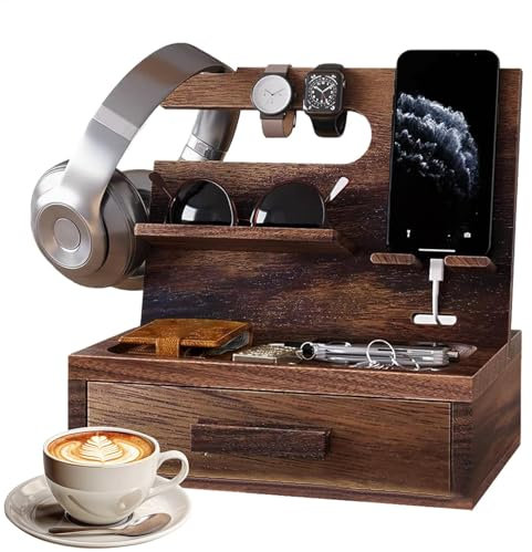Nachttisch-Organizer, Handy-Dockingstation aus mit Schublade, Schlüsselhalter, Geldbörse, Uhr, Schreibtischzubehör für Ehemann und Vater, 24 x 20 x 19 cm, Verwendung