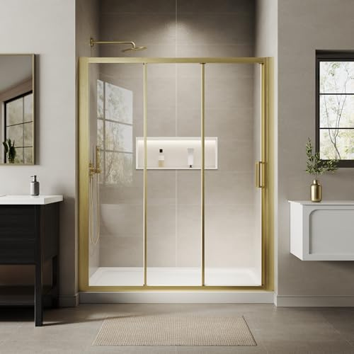 Porte de douche coulissante triple de 142,2 à 152,4 cm de large x 178,8 cm de haut, en verre trempé SGCC transparent de 6 mm, finition or brossé, les portes de douche peuvent être installées à gauche