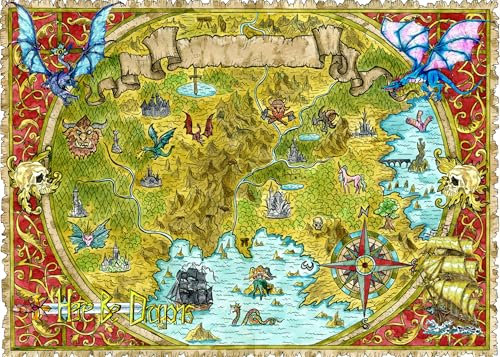 Vintage Treasure Maps Jigsaw Puzzles for Adults 1000 Pieces, Watercolor Pirate Map of Fantasy World with Dragons 1000 Piece Jigsaw Puzzle, Difficult Impossible, 19.5 x 27.5 Inch