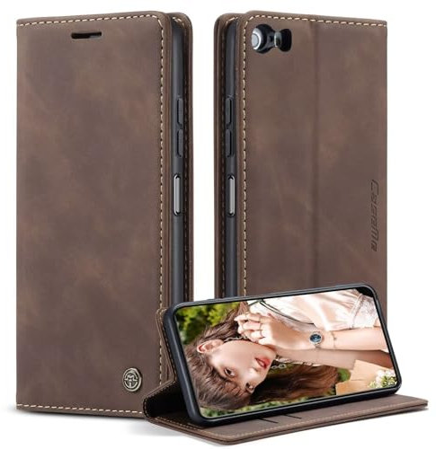 Coque pour iPhone 5/5S/iPhone SE 2016, [Housse en Cuir PU Premium] [Etui à Rabat] [Pochette de Portefeuille], Protection Anti-Choc Étui de Protection pour iPhone 5/5S/iPhone SE 2016 - Café