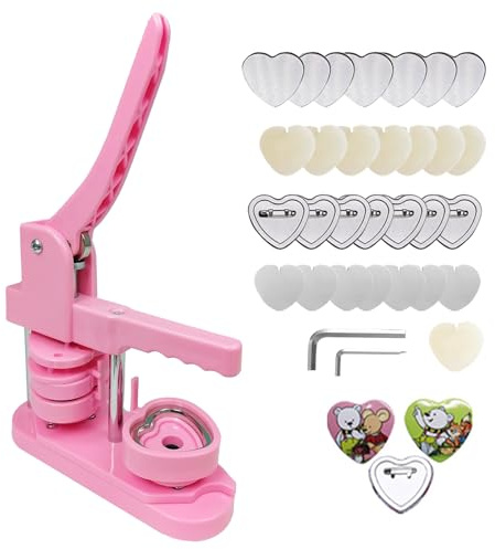 Button Maker Machine, Heart Shaped DIY Pin Badge Maker Custom Badge Press Kit with 100pcs Button Parts for Gifts Pin Maker, Pink